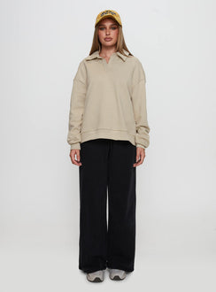 front view of model wearing Princess Polly Back Around Collared Fleece Jumper Oat Longline Jumpers Jumpers 