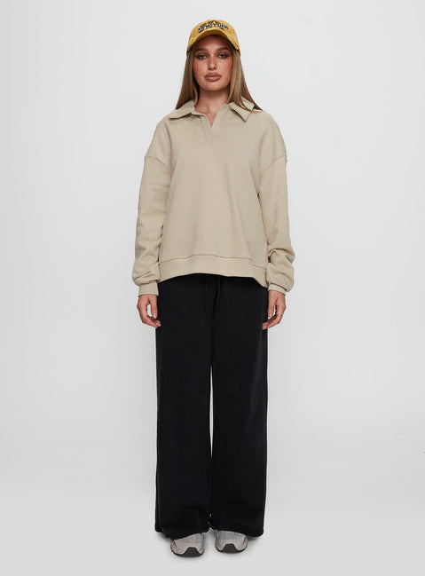 front view of model wearing Princess Polly Back Around Collared Fleece Jumper Oat Longline Jumpers Jumpers 