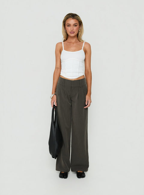 Experience the Two Lovers Low Rise Pants Grey Pinstripe in womens-regular-pants front view of model wearing Princess Polly