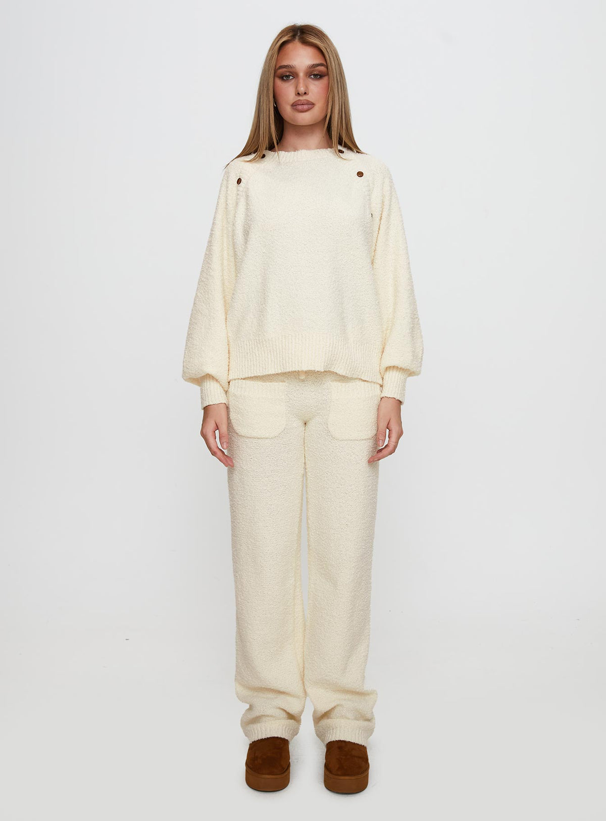 front view of model wearing Princess Polly Susi Fluffy Knit Pant Ivory High Rise Pants Pants 