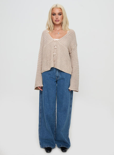 side view of model wearing Princess Polly Maela Knit Cardigan Mocha Cropped Jumpers Jumpers 