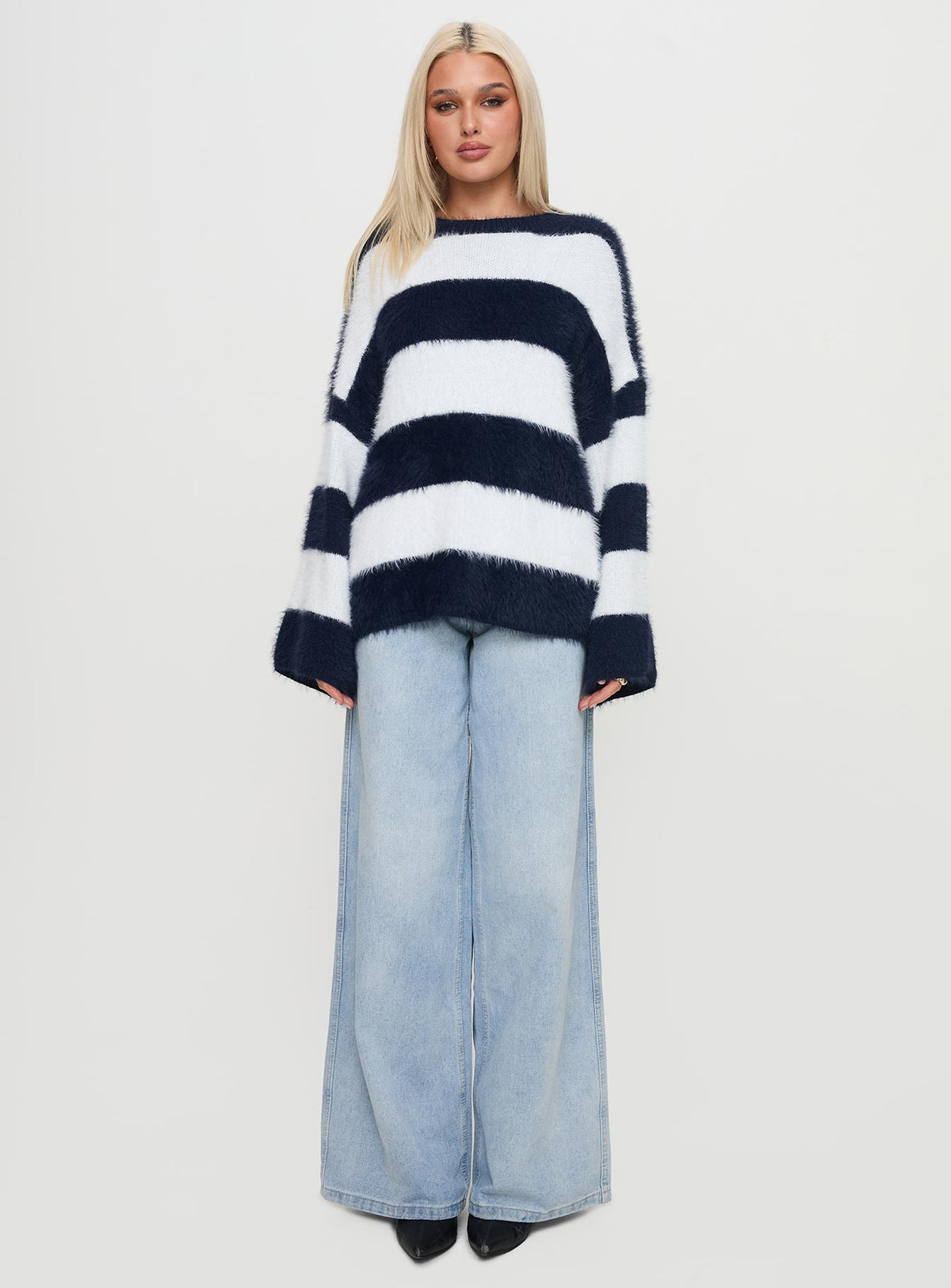 front view of model wearing Princess Polly Nerina Knit Sweater Blue / White Stripe Longline Jumpers Jumpers 