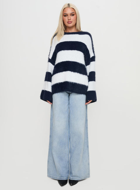 front view of model wearing Princess Polly Nerina Knit Sweater Blue / White Stripe Longline Jumpers Jumpers 