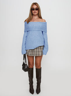 front view of model wearing Princess Polly Snowie Off Shoulder Knit Sweater Blue Longline Jumpers Jumpers 