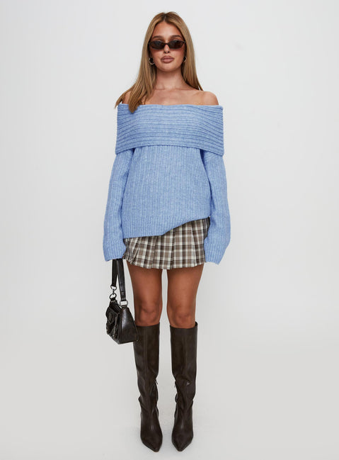 front view of model wearing Princess Polly Snowie Off Shoulder Knit Sweater Blue Longline Jumpers Jumpers 
