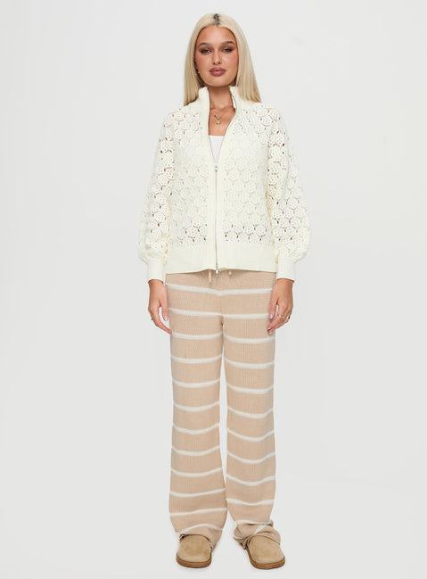 front view of model wearing Princess Polly Sirena Zip Through Knit Sweater Cream Jumpers 