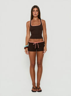 Lyndsie Rib Lace Racer Back Tank Brown / Coral