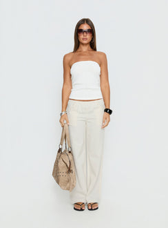 front view of model wearing Princess Polly Around The Clock Button Detail Mid Rise Wide Leg Pants Cream Mid Rise Pants Pants 