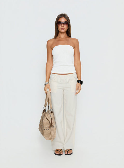 front view of model wearing Princess Polly Around The Clock Button Detail Mid Rise Wide Leg Pants Cream Mid Rise Pants Pants 