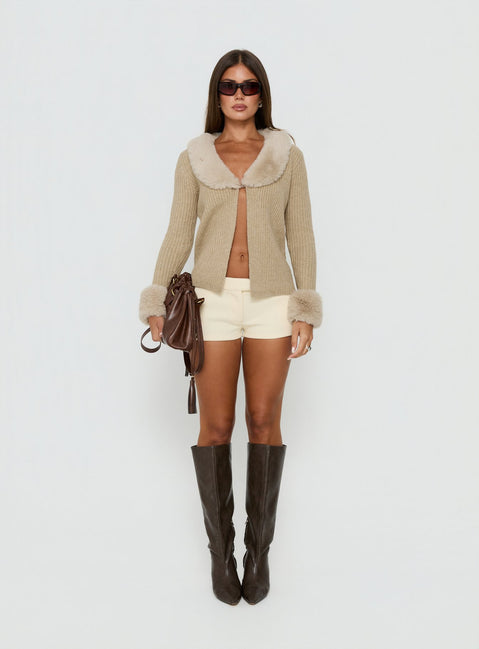 Designed with Gisele Faux Fur Trim Long Sleeve Sand womens jumpers and short length front view of model wearing Princess Polly