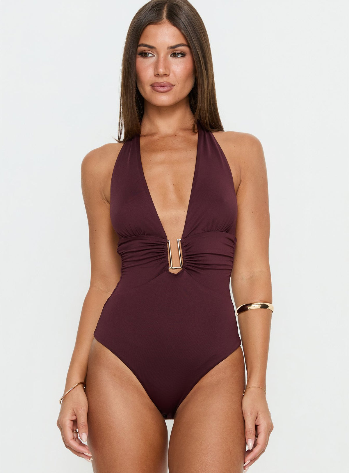 front view of model wearing Princess Polly Leave Me Alone Plunge Halter Bodysuit Burgundy Sleeveless Bodysuit 