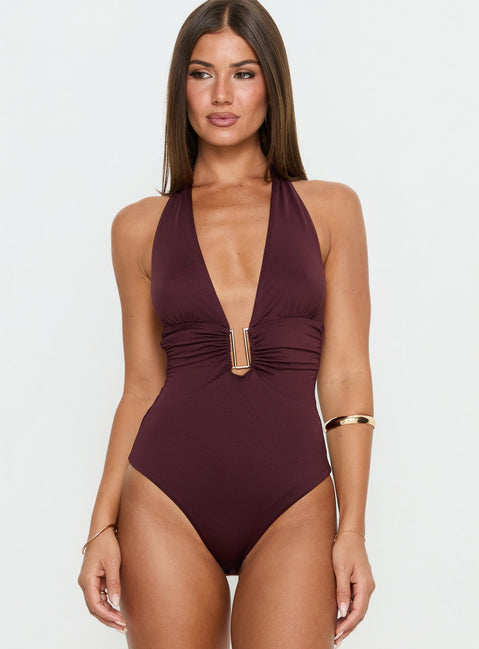 front view of model wearing Princess Polly Leave Me Alone Plunge Halter Bodysuit Burgundy Sleeveless Bodysuit 