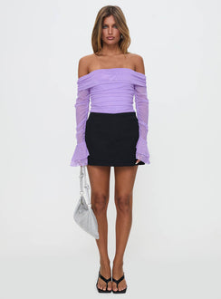 side view of model wearing Princess Polly Feel A Way Off Shoulder Bodysuit Lilac Long Sleeve Tops Bodysuit 