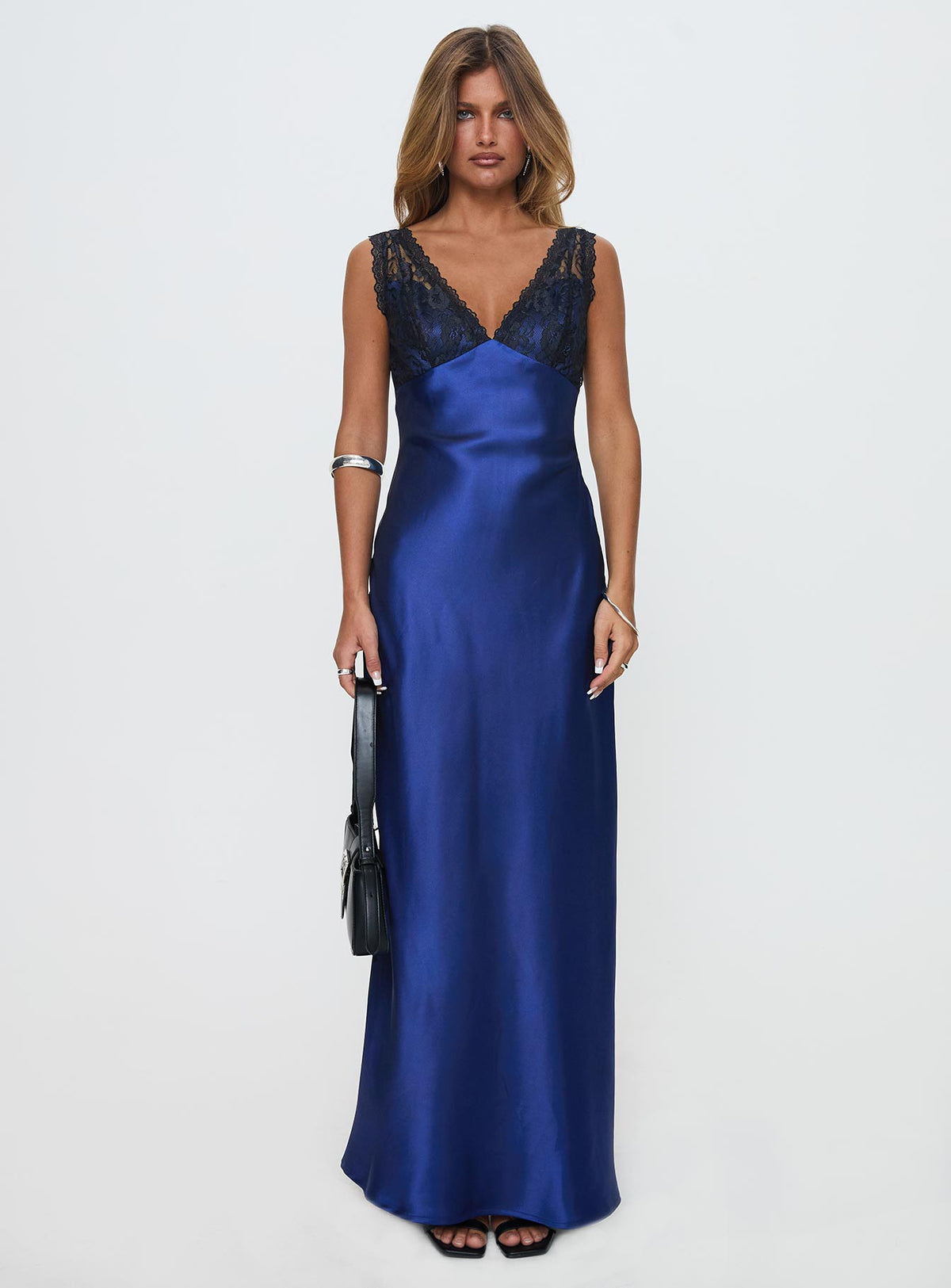 front view of model wearing Princess Polly Voila Lace Maxi Dress Navy / Black V-Neck 