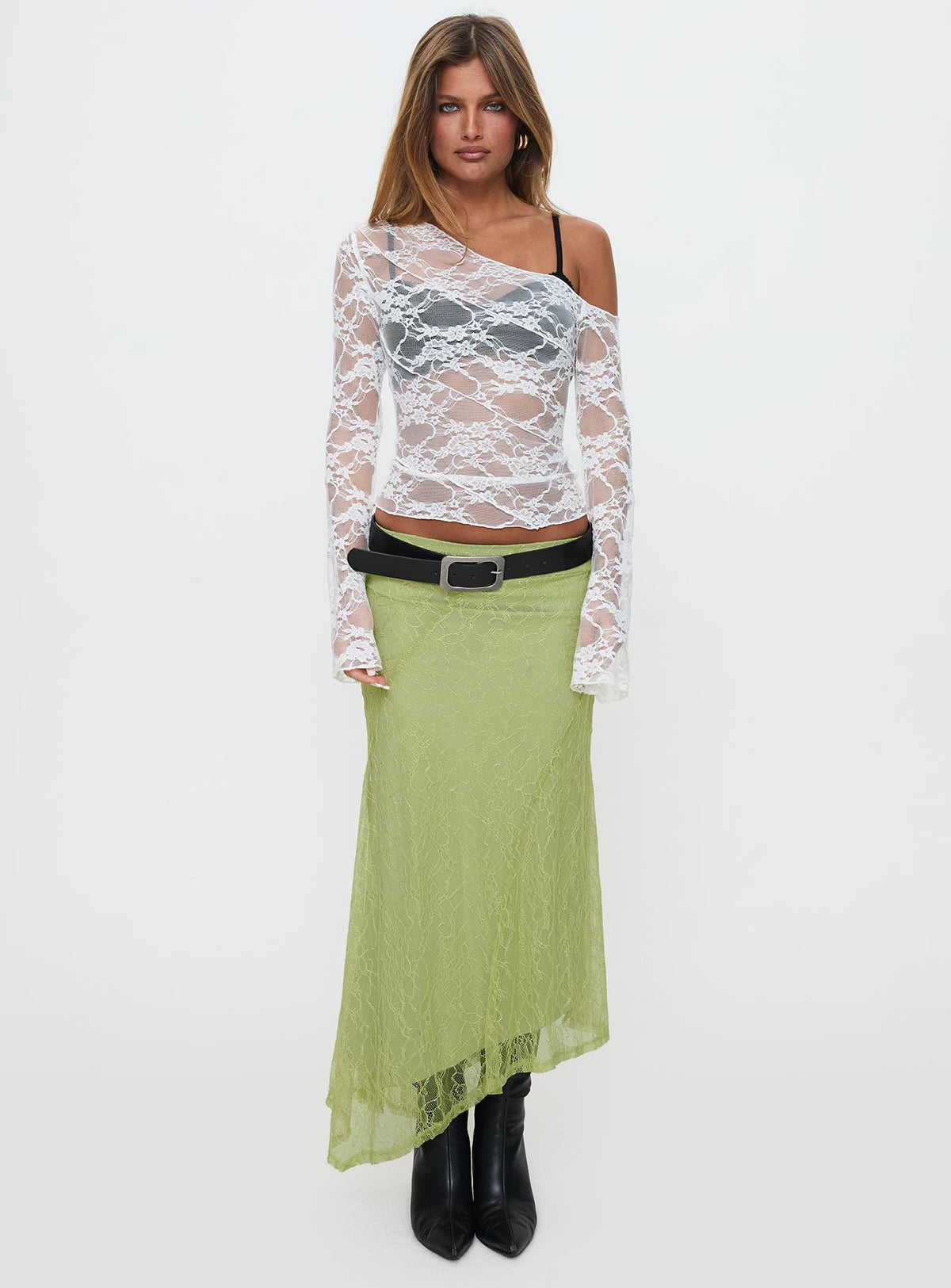 back view of model wearing Princess Polly Dreamcatcher Lace Maxi Skirt Green Maxi Skirts Skirts 