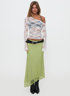 back view of model wearing Princess Polly Dreamcatcher Lace Maxi Skirt Green Maxi Skirts Skirts 
