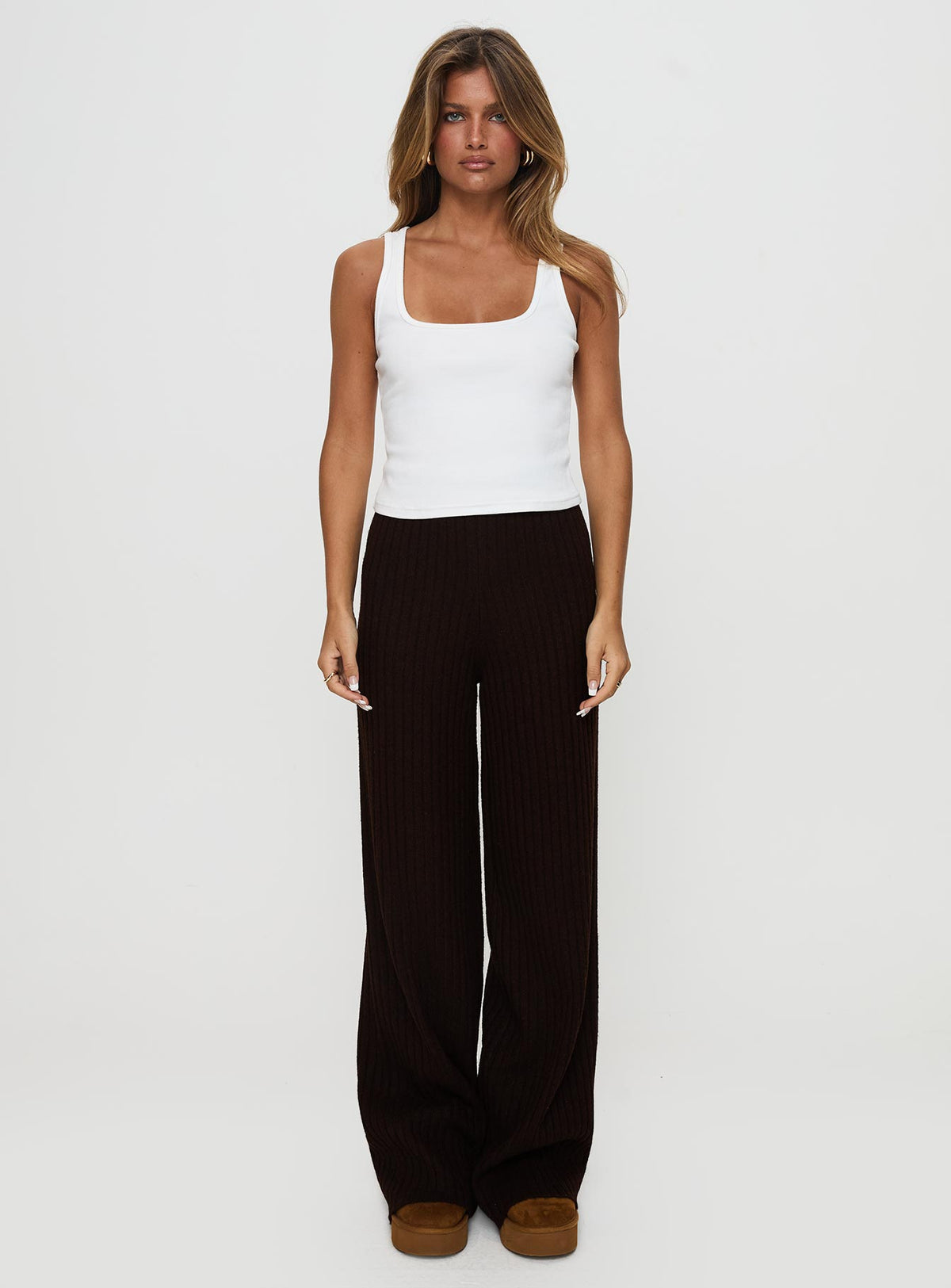 front view of model wearing Princess Polly Montana Knit Pants Chocolate Brown High Rise Pants Pants 
