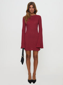 front view of model wearing Princess Polly Rhapsody Long Sleeve Knit Mini Dress Red Crew Neck 