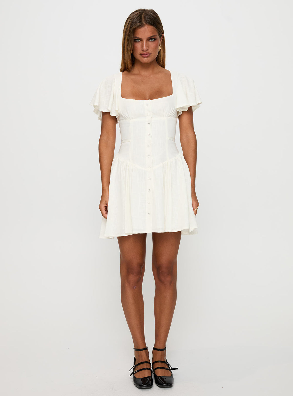 front view of model wearing Princess Polly Forever More Mini Dress White Square Neck 