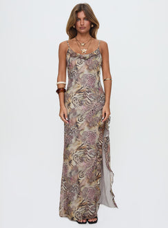 front view of model wearing Princess Polly Sympathize Frill Maxi Split Dress Multi Scoop Neck 