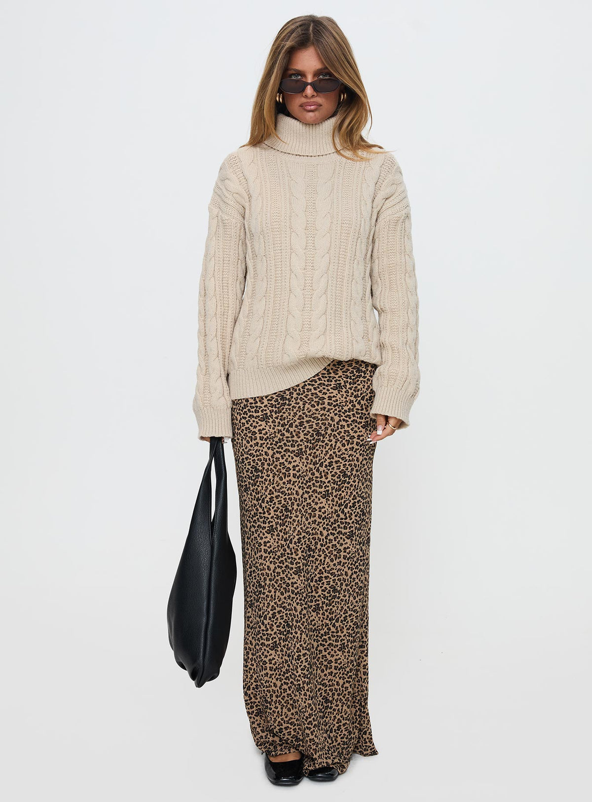 front view of model wearing Princess Polly Bryden Turtleneck Cable Knit Sweater Beige Longline Jumpers Jumpers 