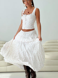   front view of model wearing Princess Polly Cherry On Top Maxi Skirt White Floral Midi Skirts Skirts 
