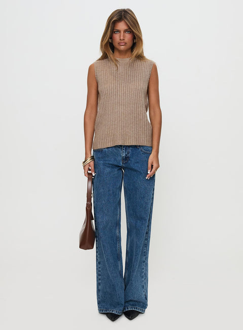 side view of model wearing Princess Polly Jessabell Rib Sleeveless Top Mocha Longline Jumpers Jumpers 
