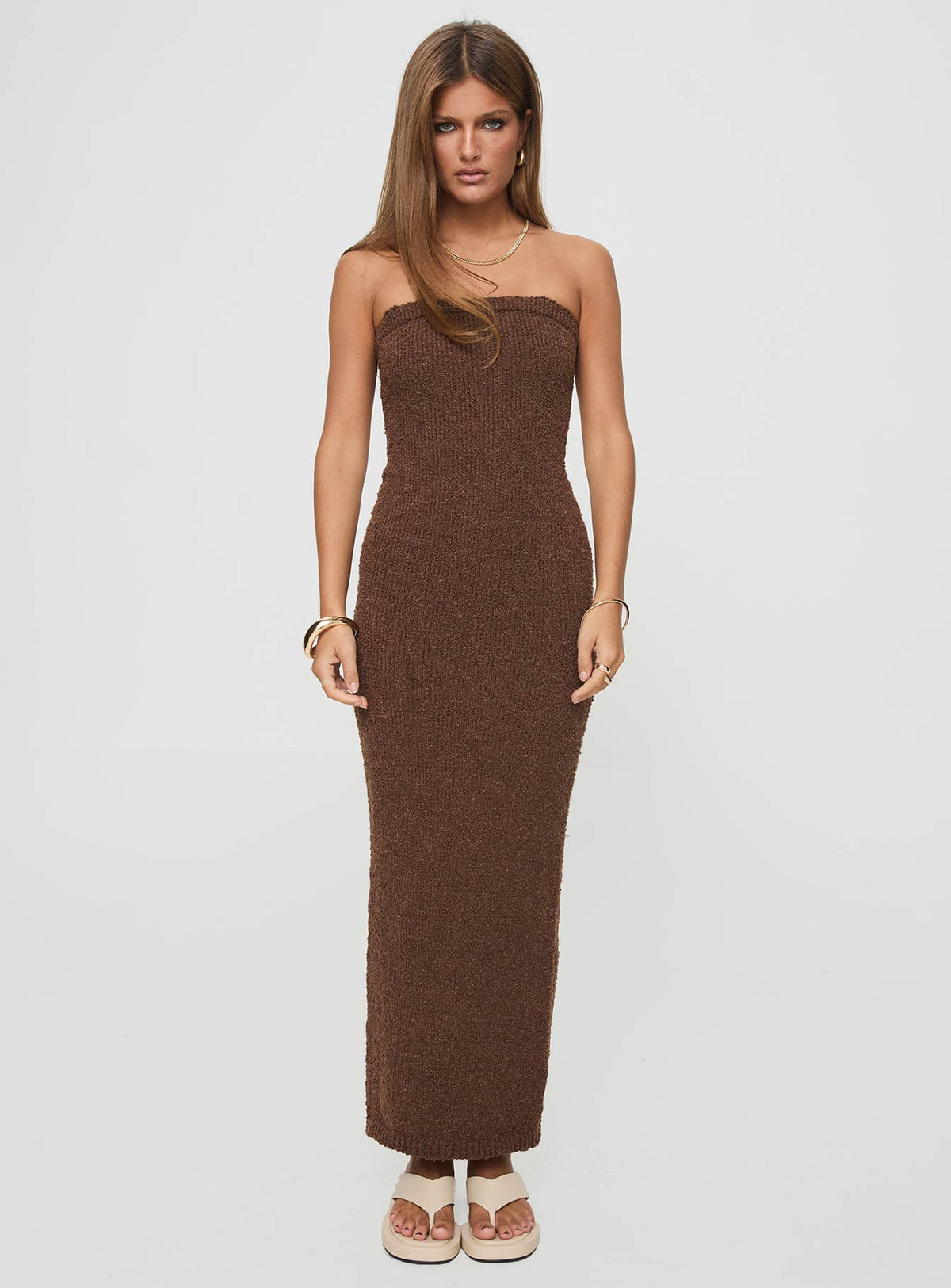 front view of model wearing Princess Polly Cloud Strapless Boucle Maxi Dress Chocolate Straight Neck 