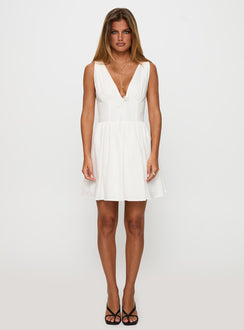 side view of model wearing Princess Polly Mattison Plunge Mini Dress White Plunger 