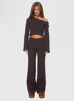 back view of model wearing Princess Polly Sina Off The Shoulder Top Chocolate Tall Full Sleeves Asymmetric Neckline 