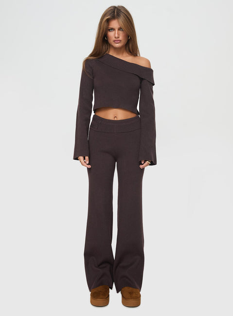 back view of model wearing Princess Polly Sina Off The Shoulder Top Chocolate Tall Full Sleeves Asymmetric Neckline 