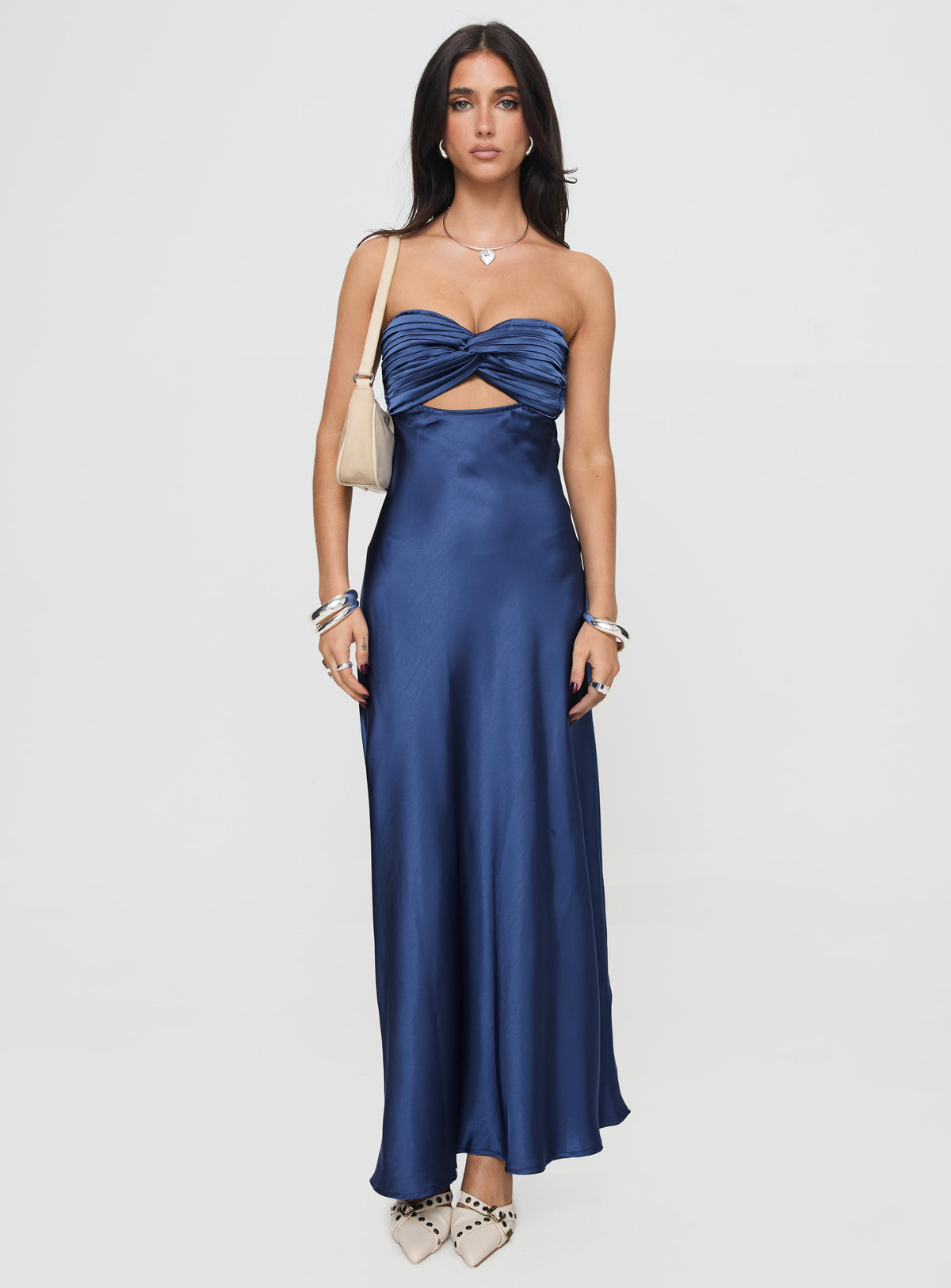front view of model wearing Princess Polly Faviola Strapless Maxi Dress Blue Sweetheart Neckline 