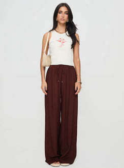front view of model wearing Princess Polly Ogilvie Linen Blend Pants Chocolate High Rise Pants Pants 