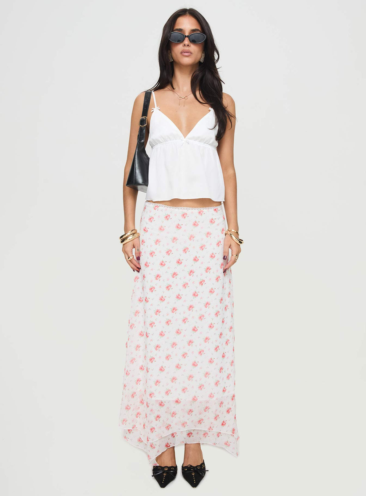   front view of model wearing Princess Polly Dancing In A Field Maxi Skirt Pink Floral Maxi Skirts Skirts 