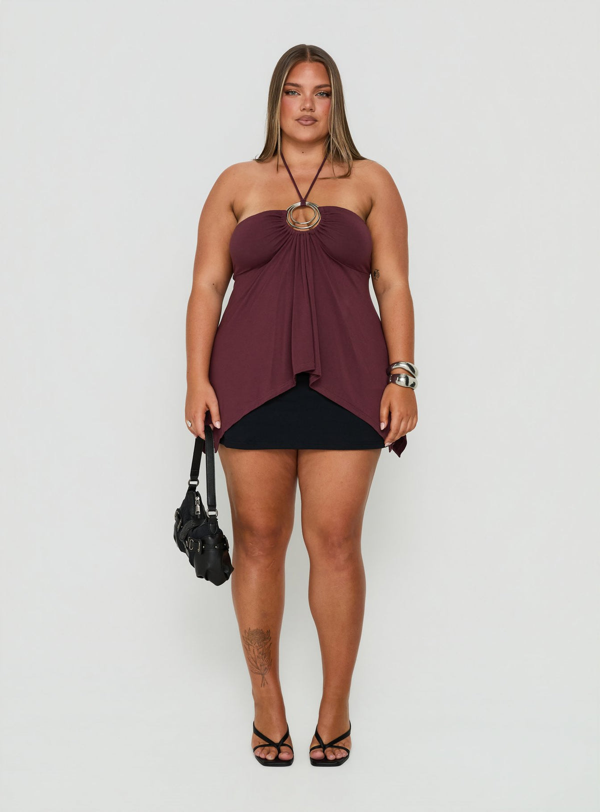 Betsey Ring Detail Tie Neck Top Burgundy Curve