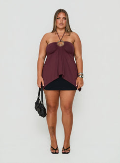 Betsey Ring Detail Tie Neck Top Burgundy Curve