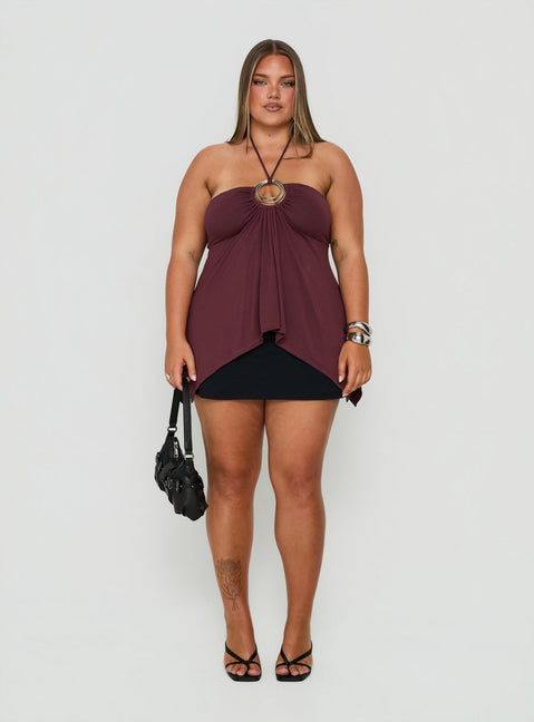 Betsey Ring Detail Tie Neck Top Burgundy Curve