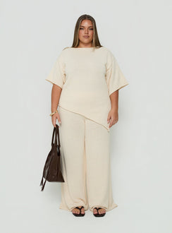 Showcasing Calisse Knit Wide Leg Pants Beige Curve womens-regular-pants with high-rise front view of model wearing