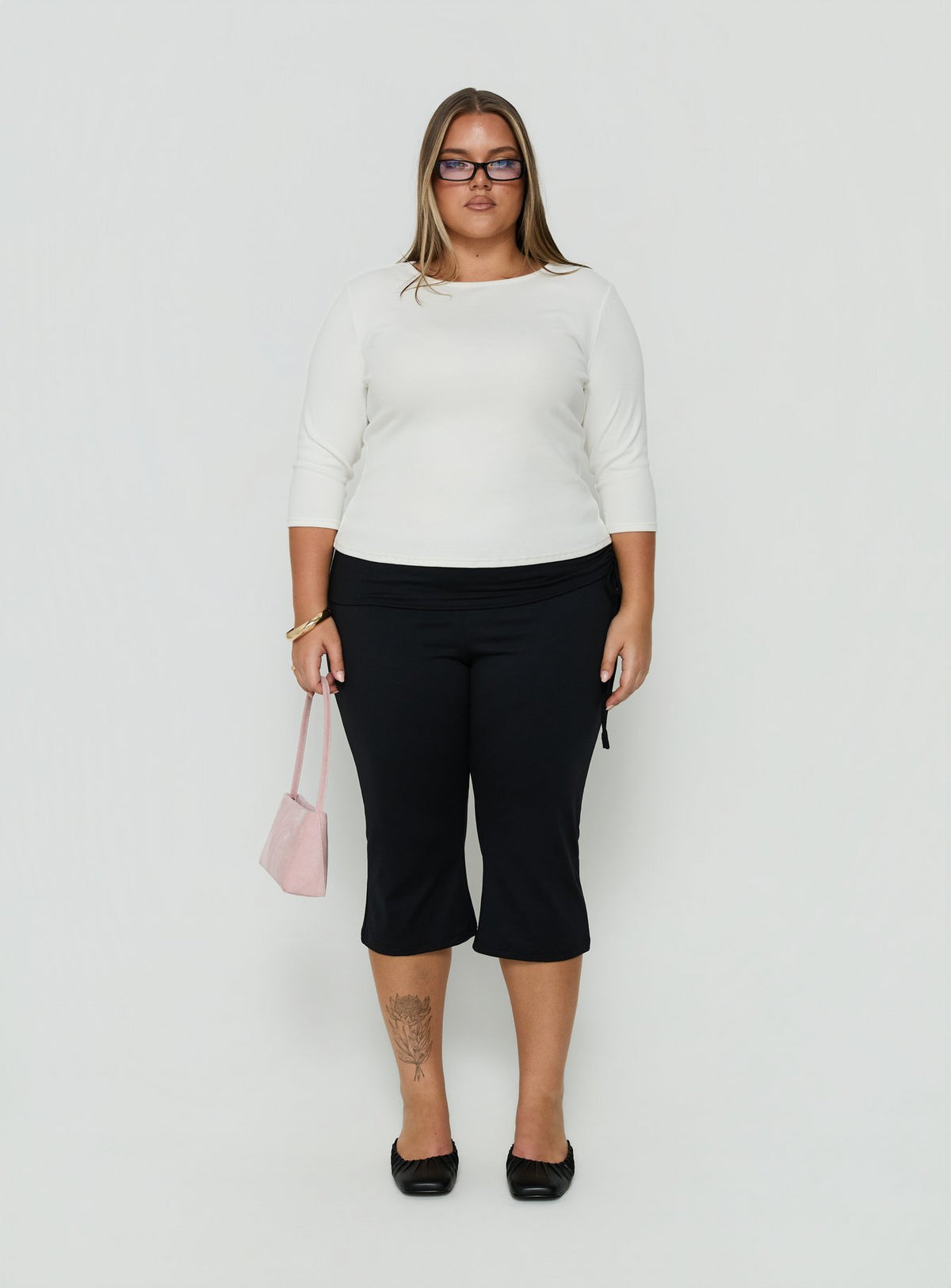 Showcasing Bailor Channel Waistband Capri Pants Black Curve womens-regular-pants with high-rise front view of model wearing Princess Polly