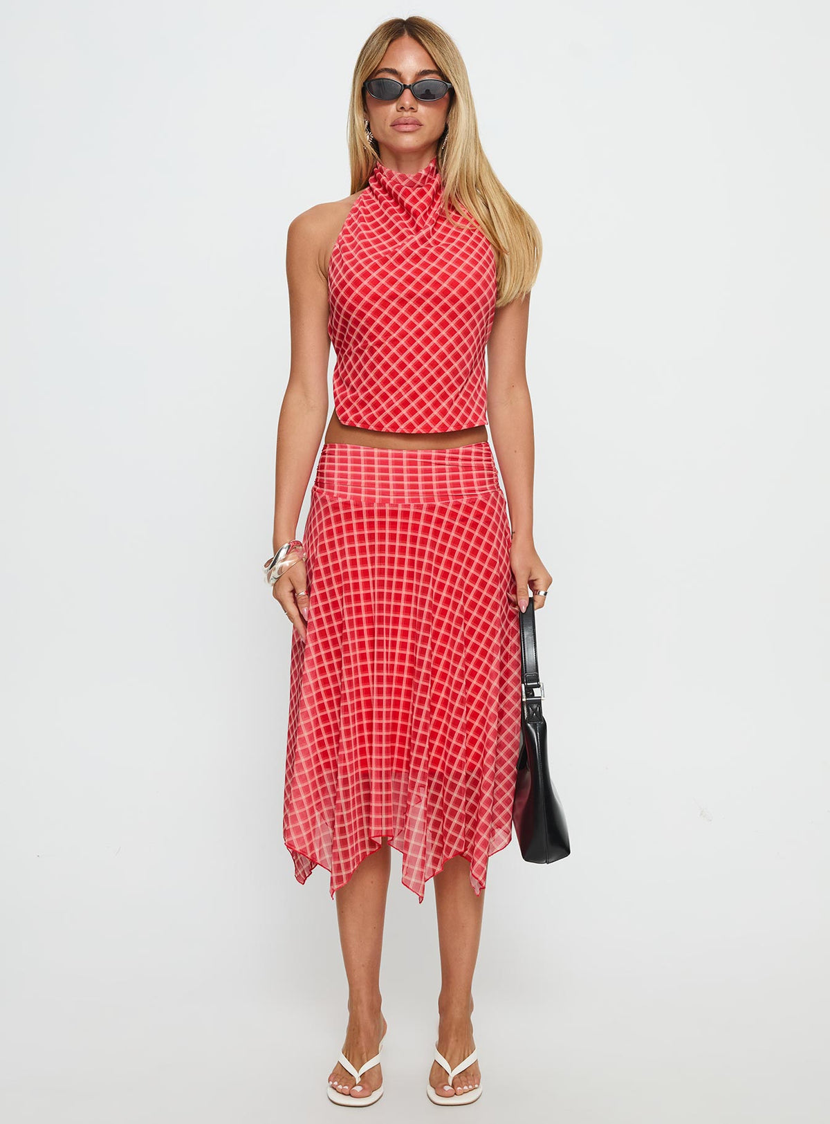   front view of model wearing Princess Polly Scenic Route Asymmetrical Midi Skirt Red Check Midi Skirts Skirts 
