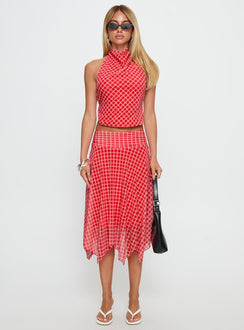   front view of model wearing Princess Polly Scenic Route Asymmetrical Midi Skirt Red Check Midi Skirts Skirts 