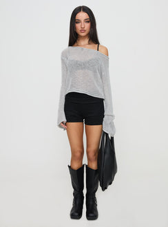 back view of model wearing Princess Polly Cafe Pari Sweater Grey Cropped Jumpers Jumpers 