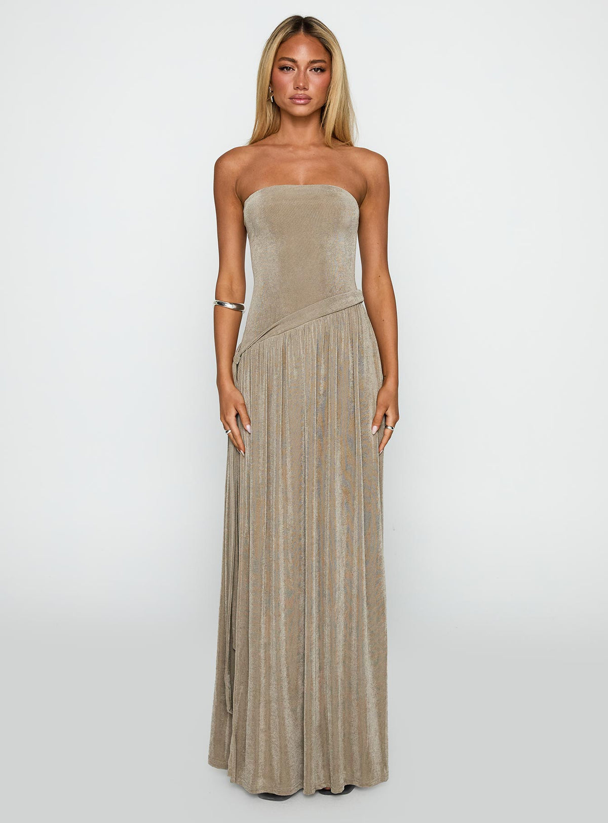 front view of model wearing Princess Polly Inka Strapless Maxi Dress Taupe Straight Neck 
