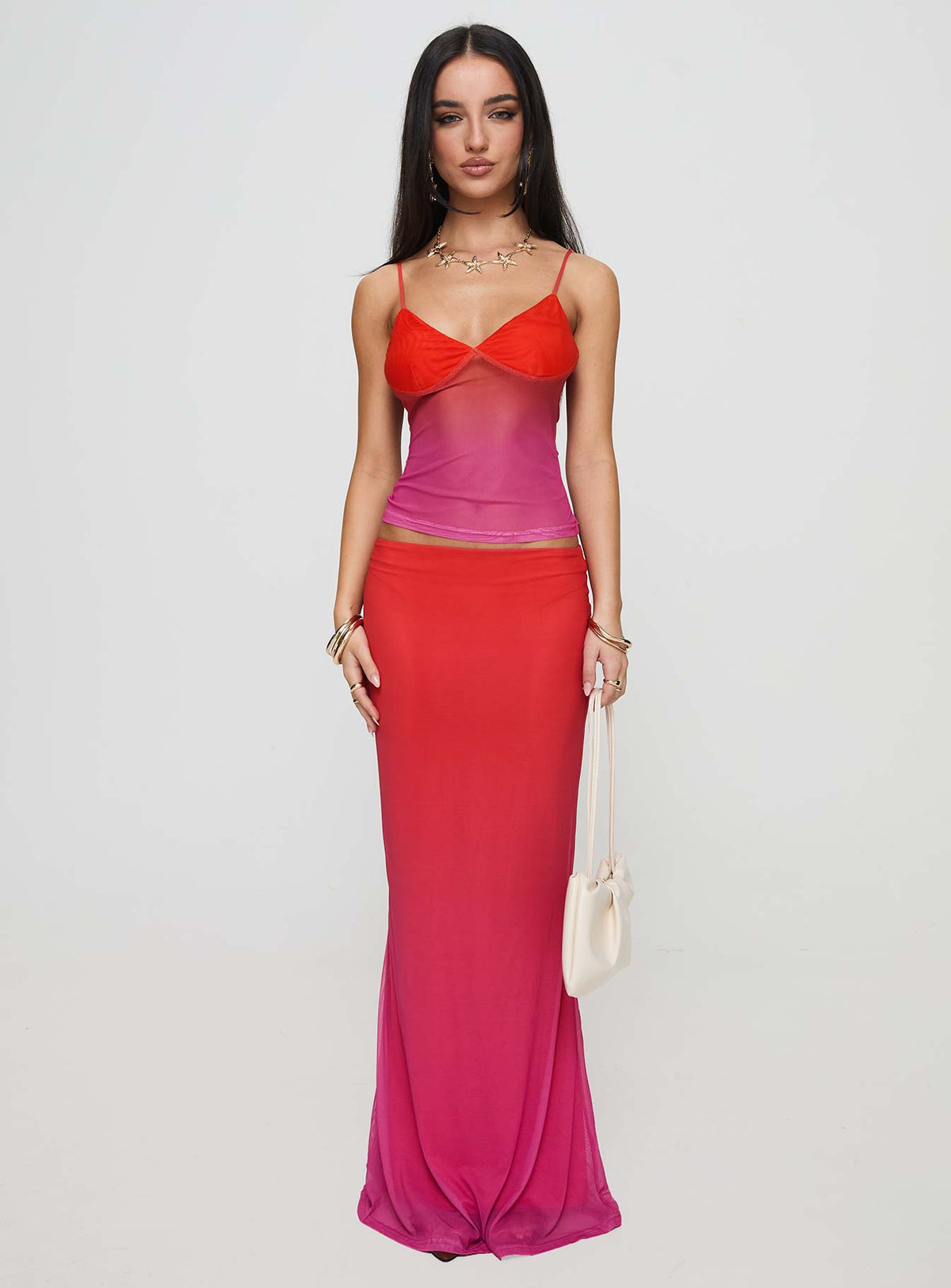  front view of model wearing Princess Polly Teen Spirit Maxi Skirt Pink Ombre Maxi Skirts Skirts 