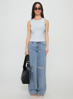 front view of model wearing Princess Polly Kadison Low Rise Straight Leg Jeans Mid Wash Blue Low Rise Jeans Jeans 