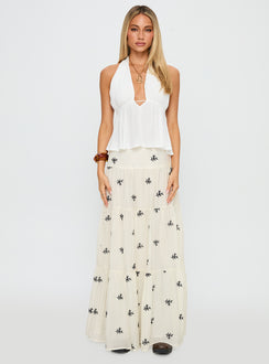front view of model wearing Princess Polly Saddler Halter Top White Sleeveless Plunger 