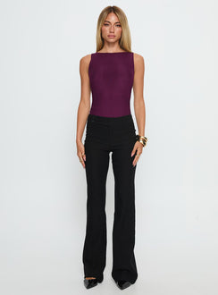 front view of model wearing Princess Polly Vinessa Backless Bodysuit Plum Sleeveless Bodysuit 