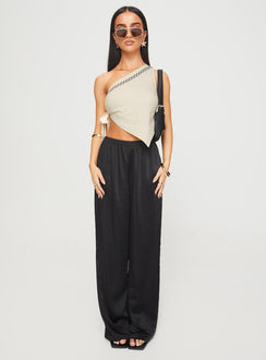 front view of model wearing Princess Polly Frankle Top Cream/black Sleeveless Asymmetric Neckline 