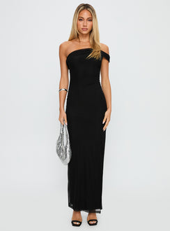 back view of model wearing Princess Polly Technique Off The Shoulder Maxi Dress Black Asymmetric Neckline 