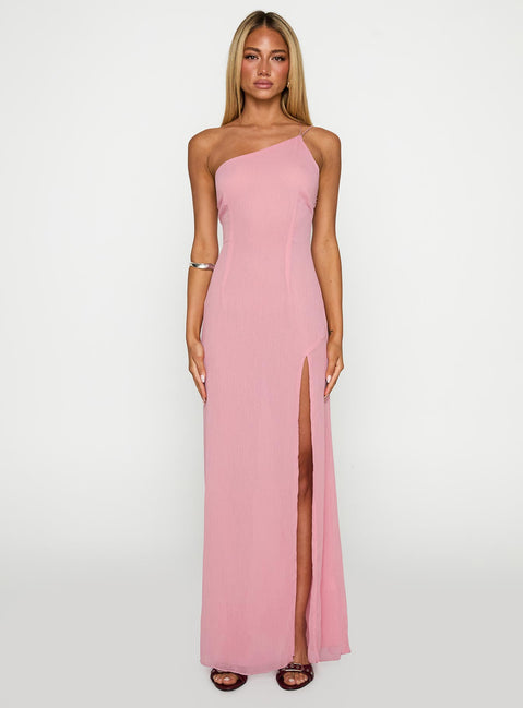 side view of model wearing Princess Polly Kiss Of Life Chiffon Maxi Dress Pink Asymmetric Neckline 